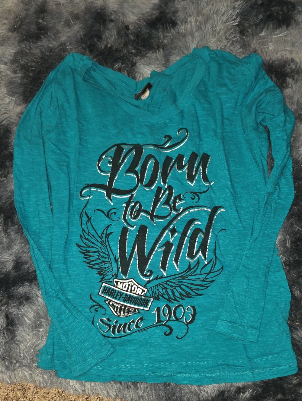 Harley-Davidson Teal V-Neck Long Sleeve "Born to Be Wild" Top